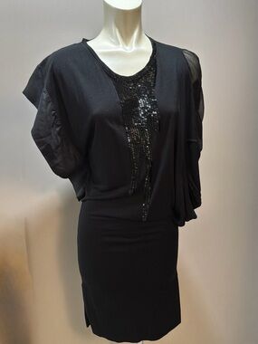 Black Sequin-Trim Draped Cocktail Dress